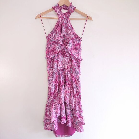 Parker Floral Pink Paisley Halter Mini Dress Ruffles Flirty Feminine Size Small - Picture 4 of 11